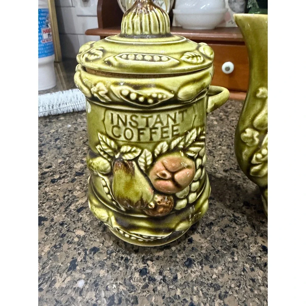 Vintage Japan Green Fruit Majolica Teapot and Instant Coffee Canister Set